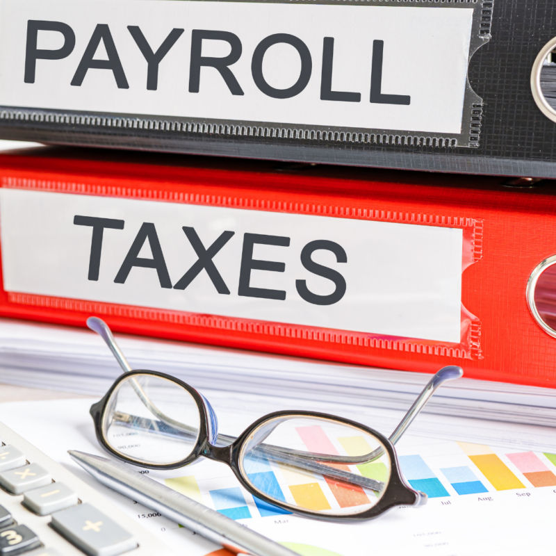 Payroll tax compliance concept showing payroll and tax folders with financial documents, calculator and glasses.